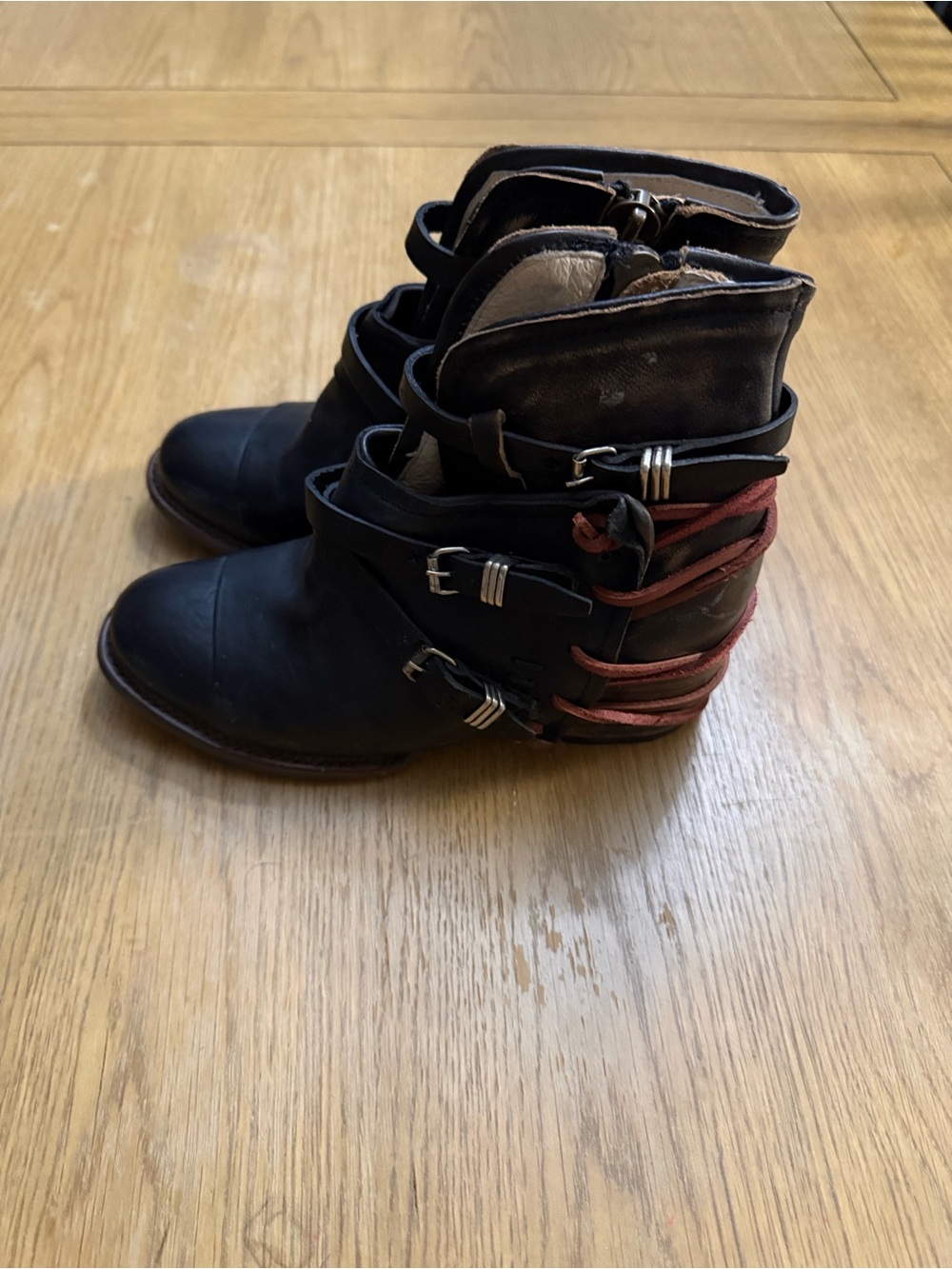 Freebird by Steven Black Ankle Booties with Red Strap Accents